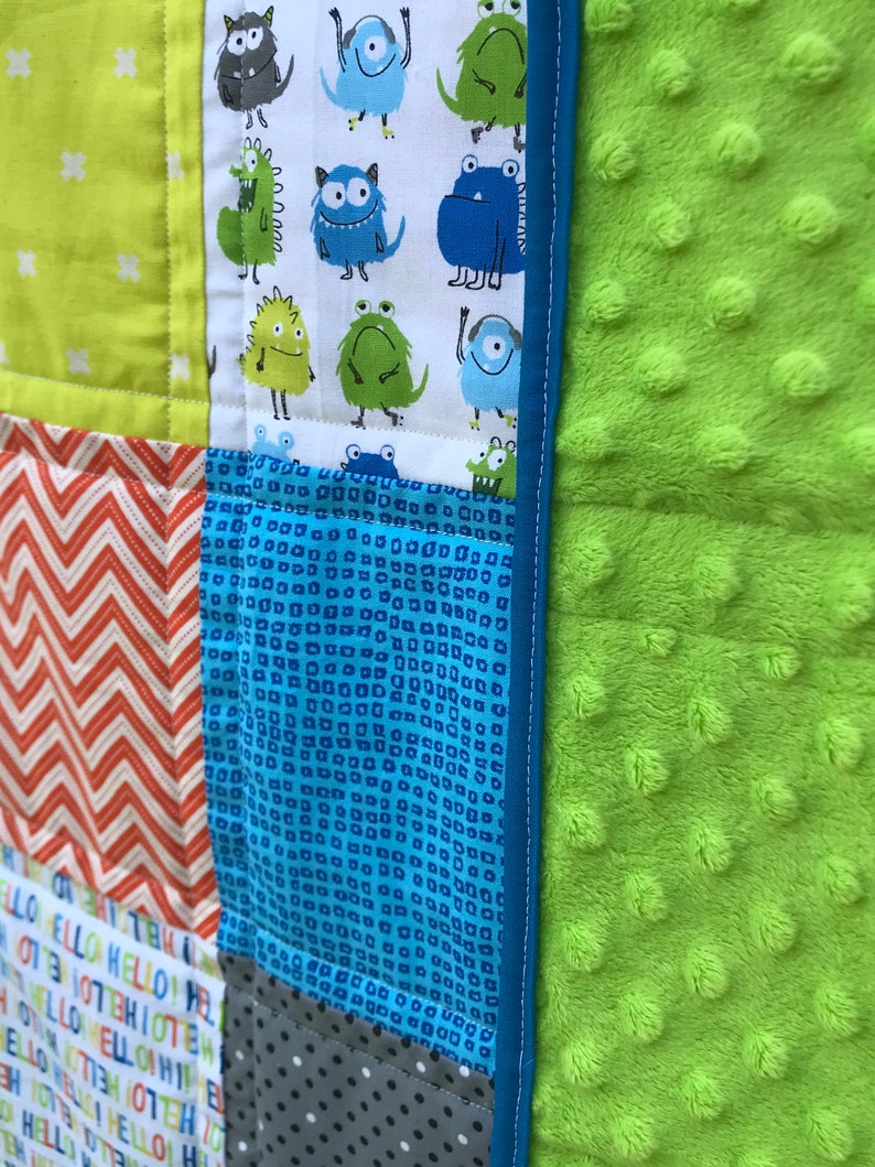 Patchwork cute monster quilt, baby toddler blanket, tummy time mat, throw lap blanket, minky, cuddle, cotton, baby gift, one of a kind quilt image 4