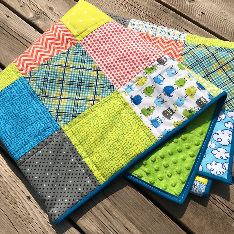 Patchwork cute monster quilt, baby toddler blanket, tummy time mat, throw lap blanket, minky, cuddle, cotton, baby gift, one of a kind quilt image 8