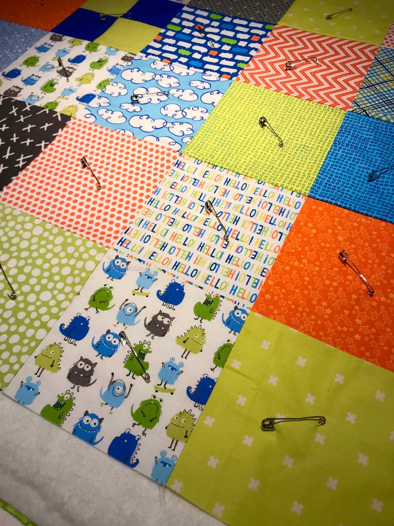 Patchwork cute monster quilt, baby toddler blanket, tummy time mat, throw lap blanket, minky, cuddle, cotton, baby gift, one of a kind quilt image 10