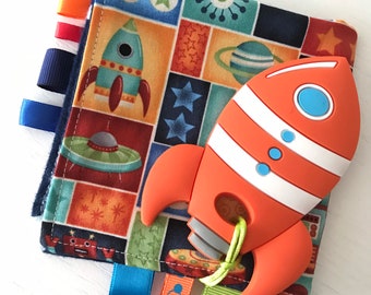 Spaceship Mini Lovie, Security Blanket, Rocket Ship Teether, Taggie, Soft Cotton Flannel, Ribbon blanket, new Baby gift, Teething blanket