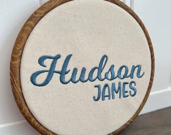 Personalized Nursery Decor, Embroidery Hoop, Baby Name Announcement, Kid’s Room Decoration, Natural muslin fabric, Blue