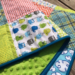 Patchwork cute monster quilt, baby toddler blanket, tummy time mat, throw lap blanket, minky, cuddle, cotton, baby gift, one of a kind quilt image 1