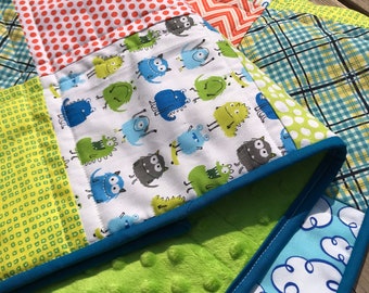 Patchwork cute monster quilt, baby toddler blanket, tummy time mat, throw lap blanket, minky, cuddle, cotton, baby gift, one of a kind quilt