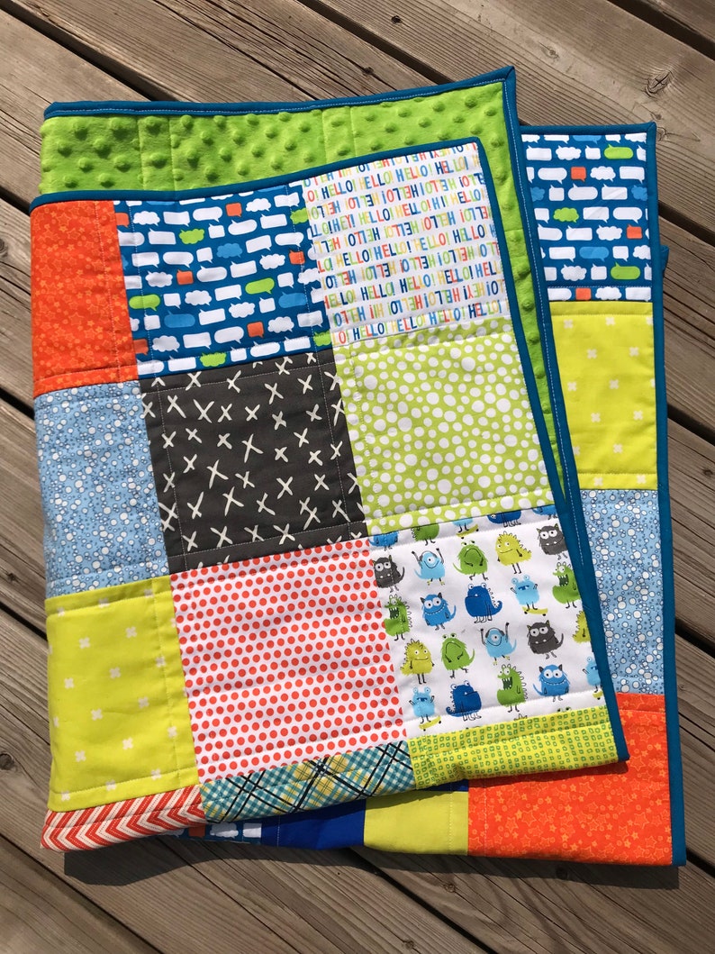 Patchwork cute monster quilt, baby toddler blanket, tummy time mat, throw lap blanket, minky, cuddle, cotton, baby gift, one of a kind quilt image 6