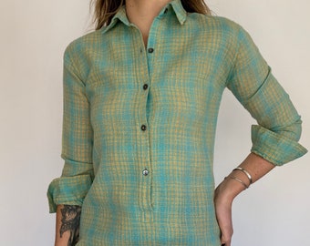 Vintage Plaid Green and Blue Wool Long Sleeve Dress Size Small