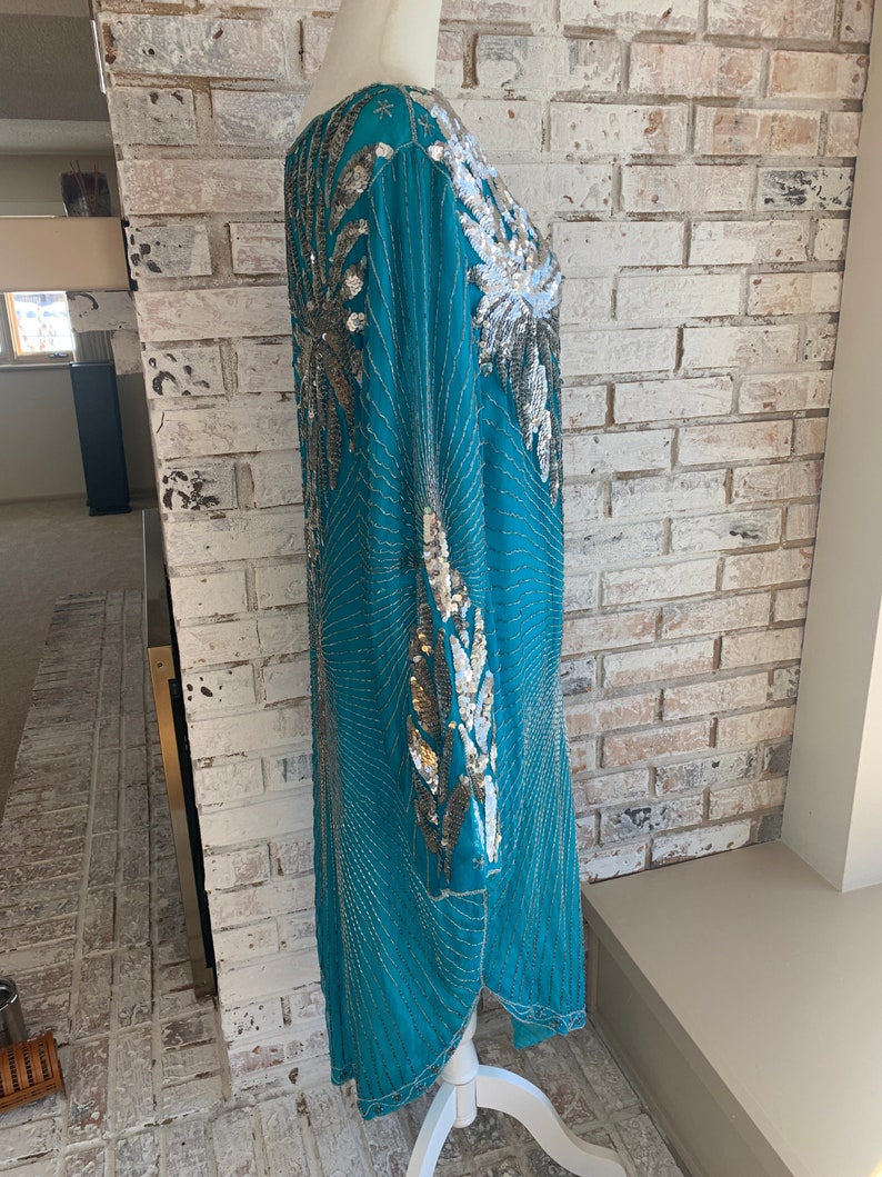 Teal Blue and Silver Silk Sequin and Beaded Dress Size LXL