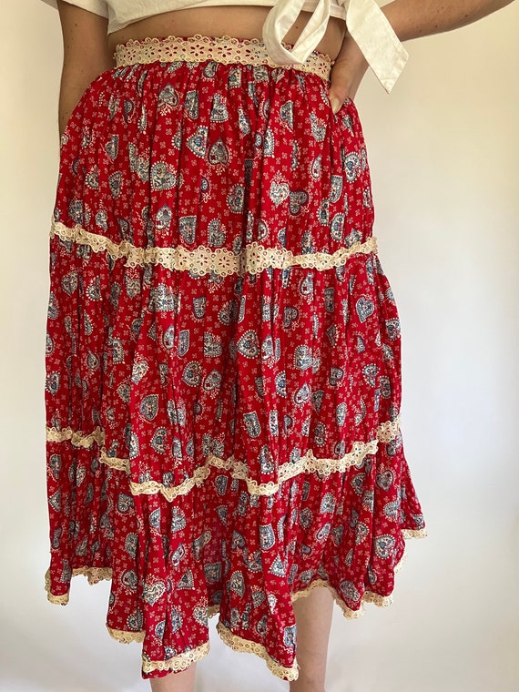 1940s Lanz Original Red Skirt with Lace