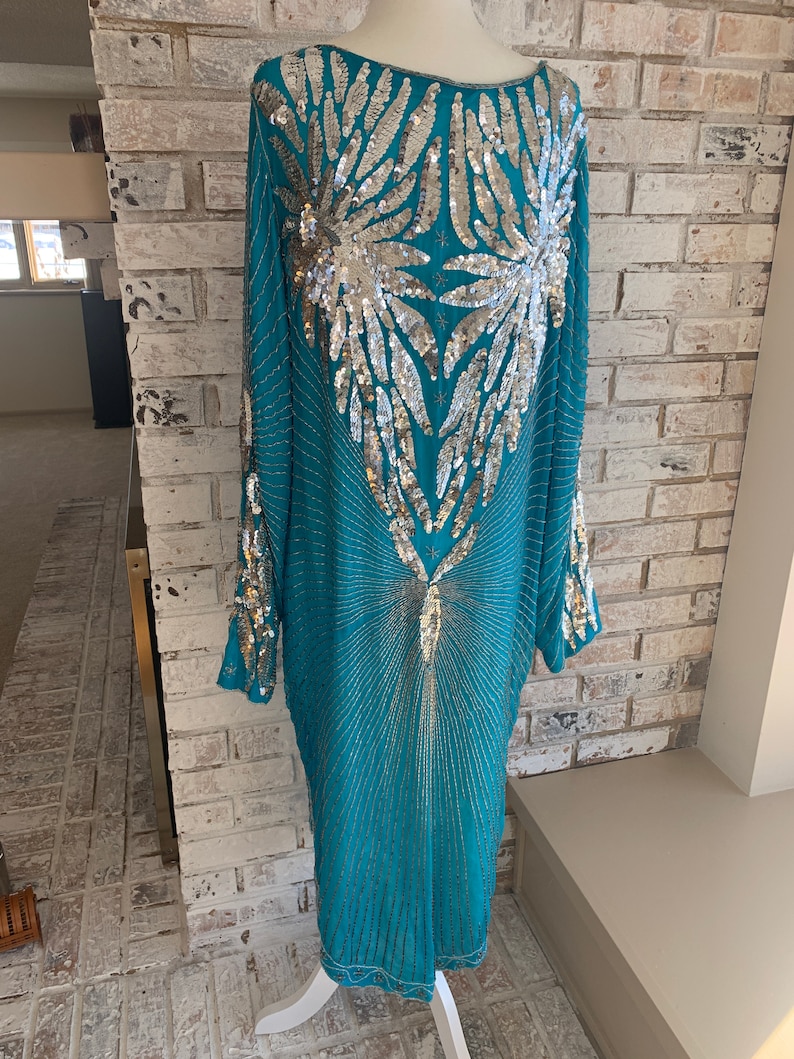 Teal Blue and Silver Silk Sequin and Beaded Dress Size LXL