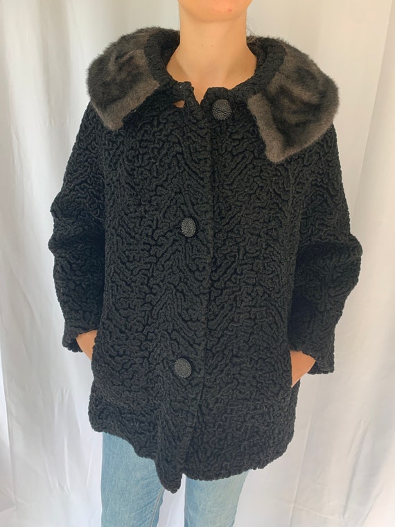 1950s Faux Persian Lamb Black Jacket with Faux Fur