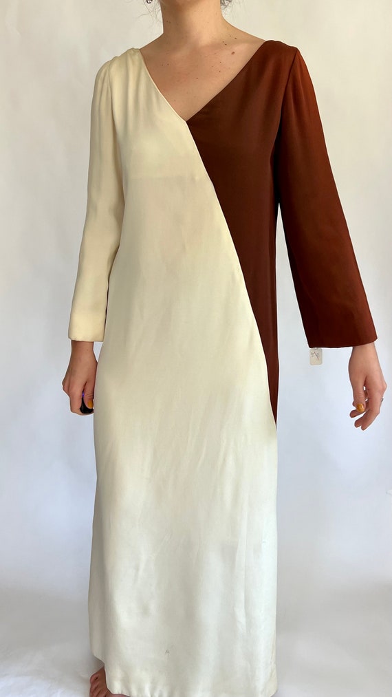 1940s Brown and Cream Asymmetrical Dress - image 2
