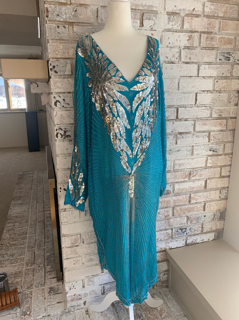 Teal Blue and Silver Silk Sequin and Beaded Dress Size LXL