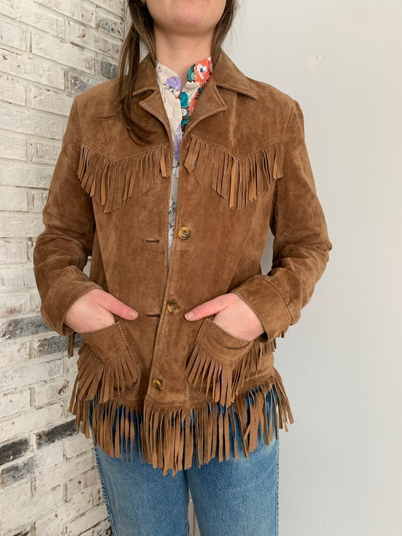 Vintage Tan Suede Leather Fringe Jacket Size Small