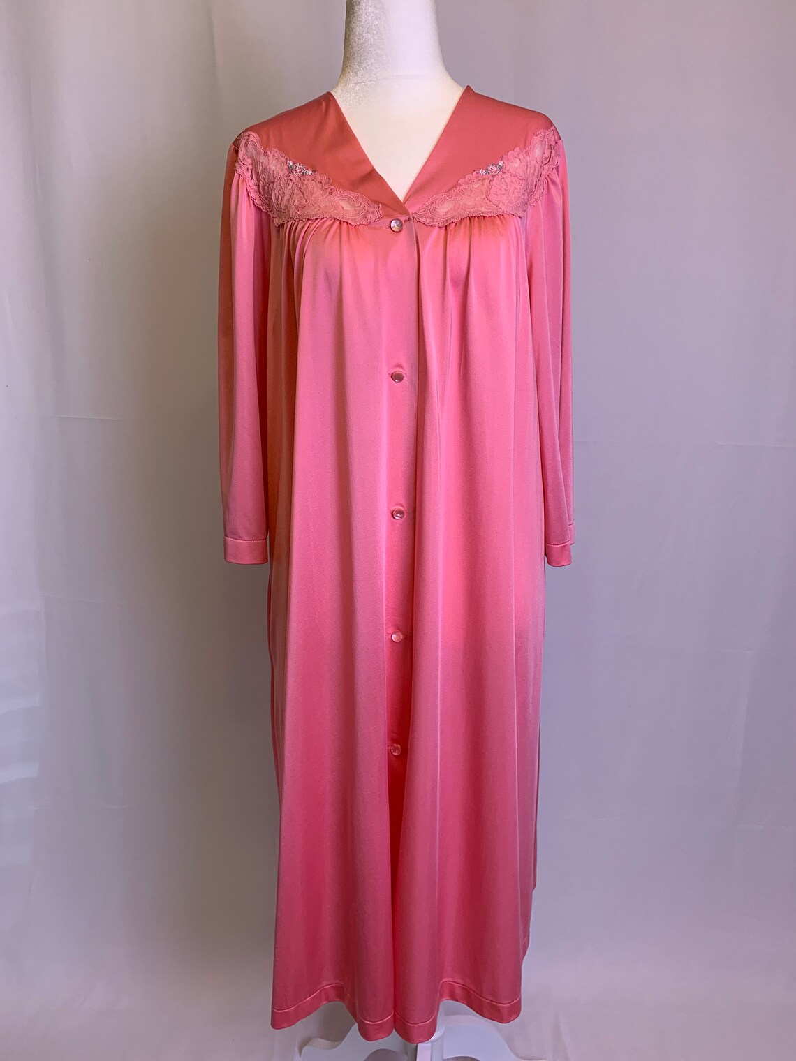 Vintage Pink Button Front House Coat Nightgown Robe With Lace Etsy