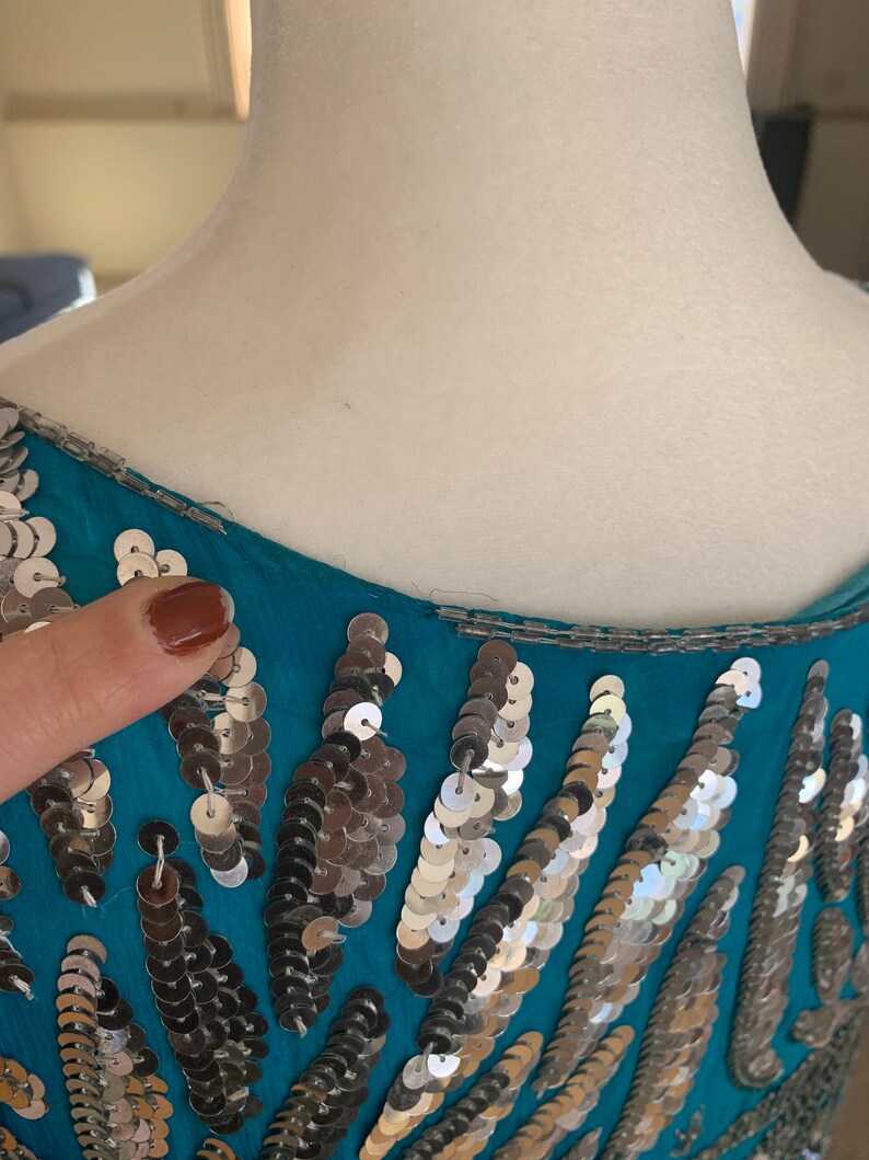 Teal Blue and Silver Silk Sequin and Beaded Dress Size LXL