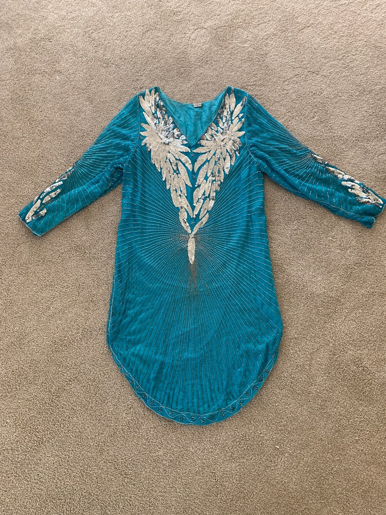 Teal Blue and Silver Silk Sequin and Beaded Dress Size LXL