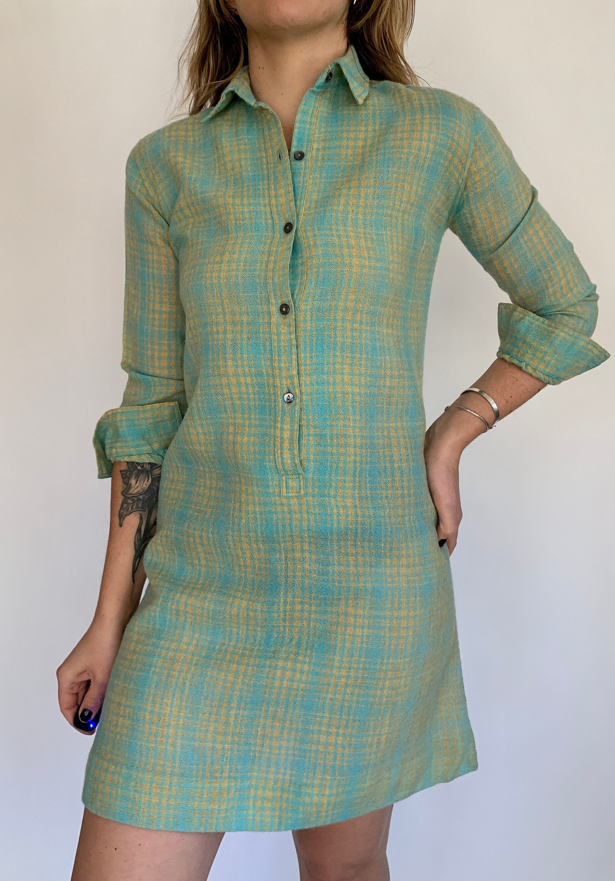 Vintage Plaid Green and Blue Wool Long Sleeve Dress Size Small