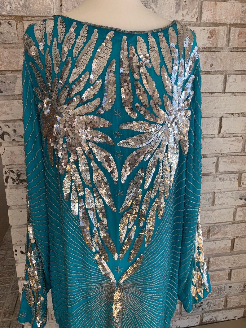 Teal Blue and Silver Silk Sequin and Beaded Dress Size LXL