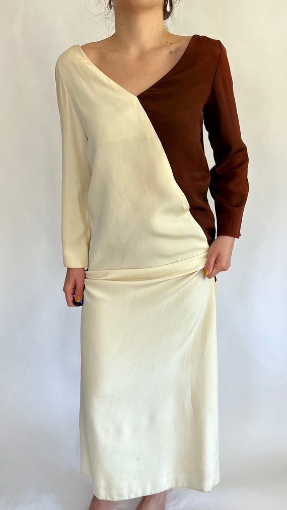 1940s Brown and Cream Asymmetrical Dress