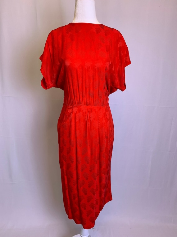 Red Silk Patterned Button Back Dress