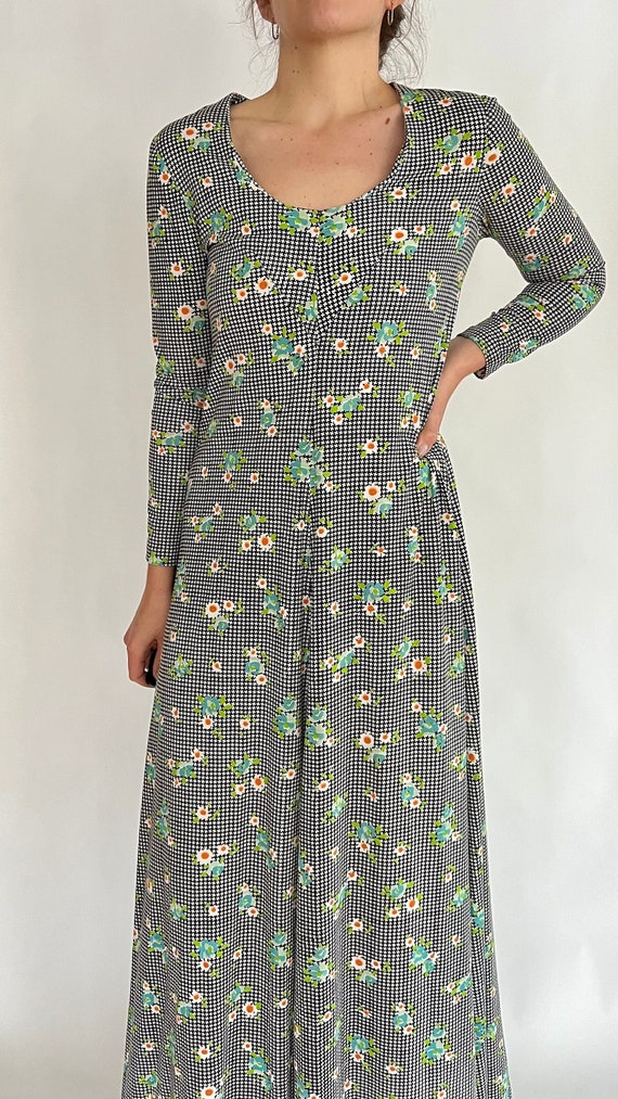 Houndstooth and Floral Print 1970s Maxi Dress - image 1