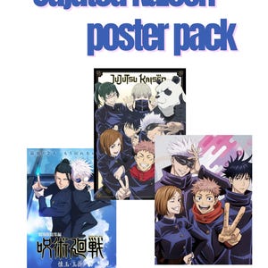 May include: A printable poster pack featuring three Jujutsu Kaisen designs. The posters showcase various characters from the anime series, with text that reads "Jujutsu Kaisen poster pack" and "Printable Poster Pack of 3".