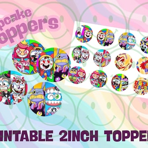 Peut inclure: Des toppers de cupcake imprimables de 5 cm avec des personnages de dessins animés colorés. Les toppers sont ronds avec divers motifs, notamment des visages et des personnages. Le fond est un arc-en-ciel pastel avec des visages souriants. Le texte sur l'image indique "cupcake toppers" et "PRINTABLE 2INCH TOPPERS."