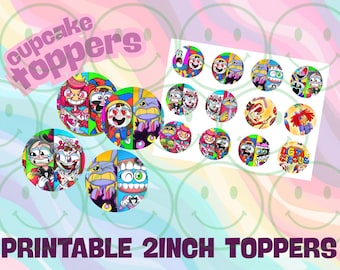 The Amazing - Digital Circus - 12種類のユニークなカップケーキトッパーの印刷物 - 2インチの丸型お気に入りのキャラクターの誕生日デコレーション - パーティーの記念品の切り抜き