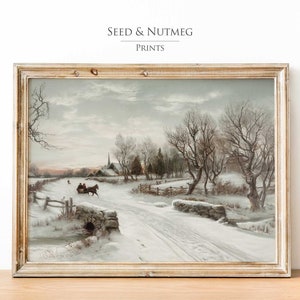 Koń i sanie Śnieżna wiejska droga Vintage Wall Art Print | Zimowe miasto leśne | Dekoracje świąteczne Boże Narodzenie | Cyfrowa DO DRUKU | 40