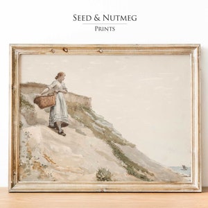 Vintage Woman on Beach Landscape Wall Art Painting | Vintage Muted Neutral Wall Decor | Downloadable Digital Printable Wall Art | 224