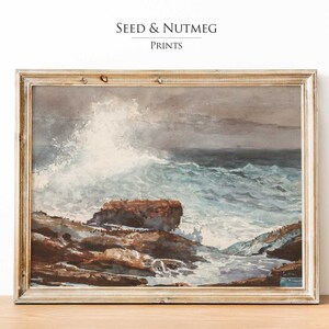Waves Crashing on Beach Landscape Wall Art Painting | Vintage Muted Neutral Wall Decor | Downloadable Digital Printable Wall Art | 225