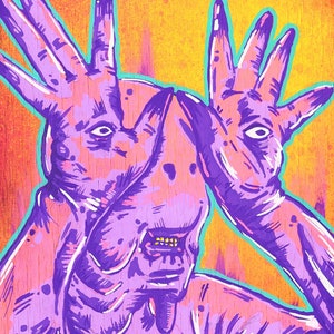 May include: A purple and pink creature with two sets of hands, one set covering its face. The creature has a large mouth with gold teeth and a textured, wooden background.