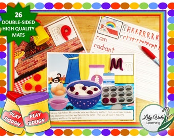 May include: A set of 26 double-sided play dough mats featuring various themes, including a pizza oven, a muffin pan, and a house with a rainbow. The mats are designed for children to practice letter formation and fine motor skills. The text on the mats includes "Play Dough", "Pe", "Mm", "rain", "radiant", and "RRRRRRRRR RRR".