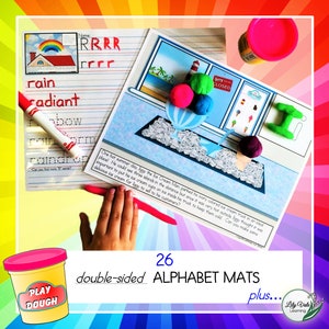 May include: A set of 26 double-sided alphabet mats for kids. The mats feature colorful illustrations and the letters of the alphabet. The mats are designed to help children learn their letters and sounds. The mats are also great for use in play dough activities.