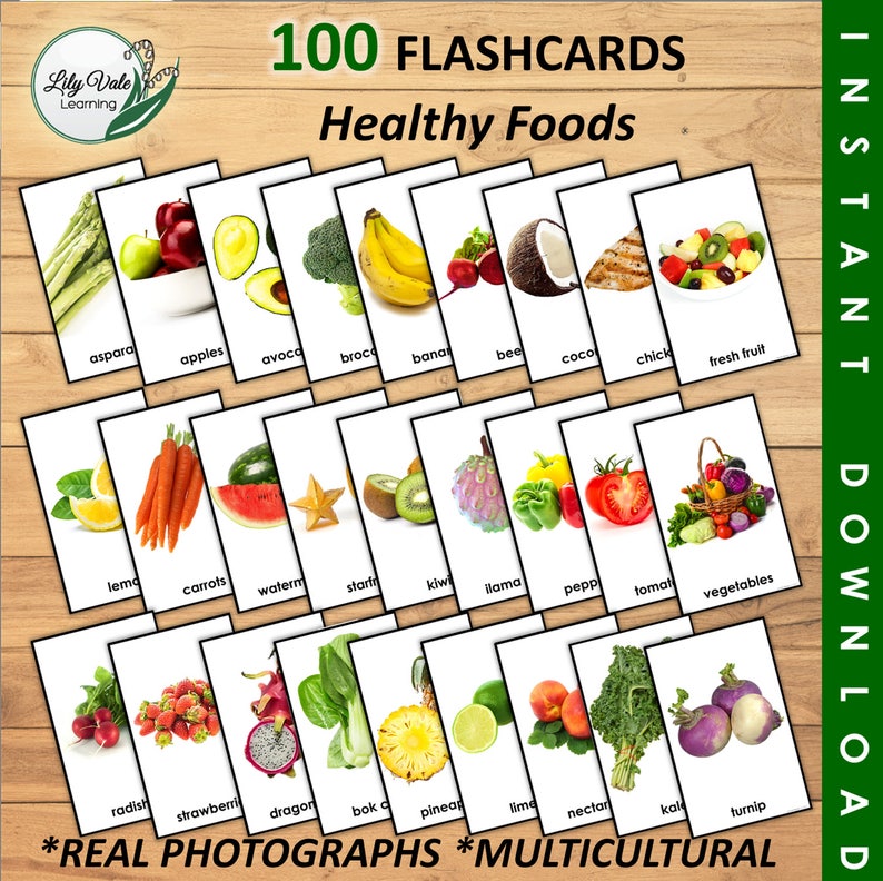 Printable Flashcards, Baby Learning Card, Picture Word Card, Food
