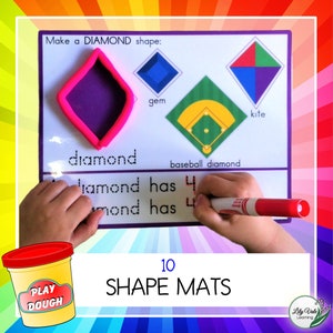 May include: A child uses play dough to make a diamond shape on a white learning mat. The mat has a picture of a diamond, a gem, a kite, and a baseball diamond. The text on the mat reads "Make a DIAMOND shape: diamond has 4 mond has 4 10 SHAPE MATS Lily Vale Learning".