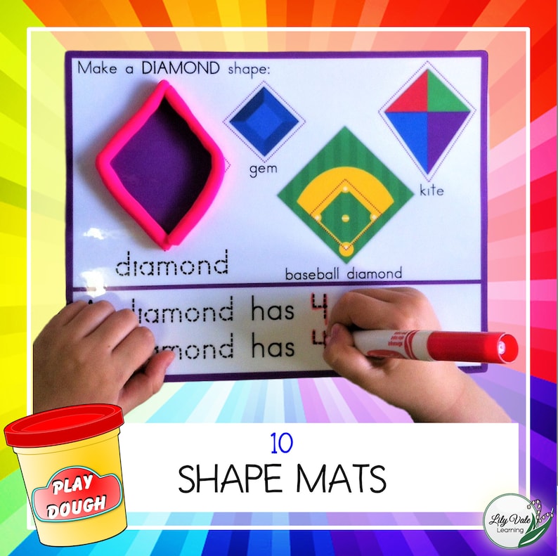 May include: A child uses play dough to make a diamond shape on a white learning mat. The mat has a picture of a diamond, a gem, a kite, and a baseball diamond. The text on the mat reads "Make a DIAMOND shape: diamond has 4 mond has 4 10 SHAPE MATS Lily Vale Learning".