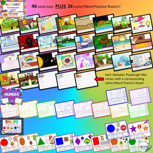 May include: A set of 46 alphabet playdough mats and 26 corresponding letter and word practice sheets. The mats feature colorful illustrations and the practice sheets have lines for writing and tracing letters. The set also includes number and shape mats and practice sheets.
