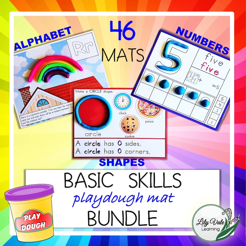 May include: A set of 46 colorful playdough mats for kids to learn basic skills like the alphabet, numbers, and shapes. The mats feature images of a rainbow, a clock, a cookie, a pizza, and the number 5. The mats are designed to be used with playdough.