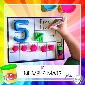May include: A white dry-erase board with a blue number 5, green play dough, and red play dough. The board has a grid with 5 red circles and 4 green circles. The text "five five = 5" is written on the board. The text "10 NUMBER MATS plus... Lily Vale Learning" is written below the board.