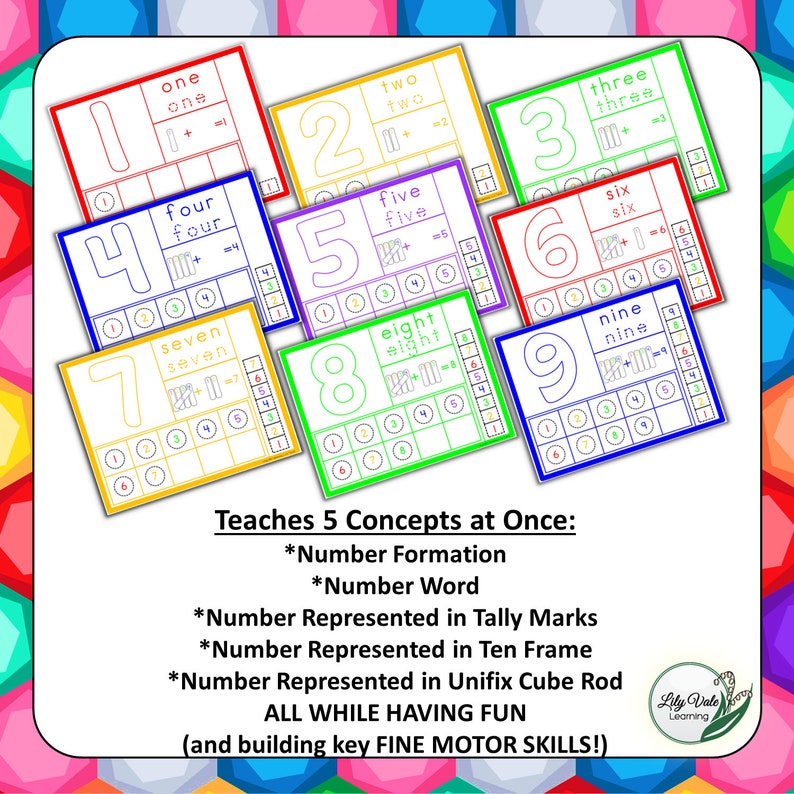 May include: Nine colorful cards with numbers 1 through 9. Each card has the number written in large font, the number word, tally marks, a ten frame, and unifix cubes. The cards are designed to teach number formation, number words, tally marks, ten frames, and unifix cubes.