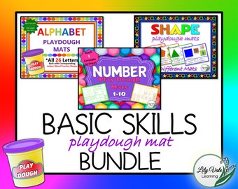 May include: A bundle of printable playdough mats for kids to learn basic skills. The mats include alphabet, number, and shape themes. The mats are colorful and feature a variety of shapes and letters. The bundle includes a playdough container.
