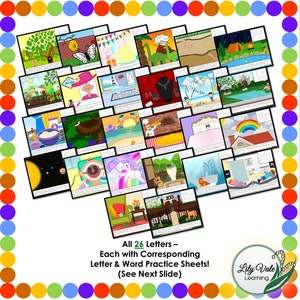 May include: A set of 26 colorful alphabet flashcards featuring illustrations and the text "All 26 Letters - Each with Corresponding Letter & Word Practice Sheets! (See Next Slide)" and the logo "Lily Vale Learning".