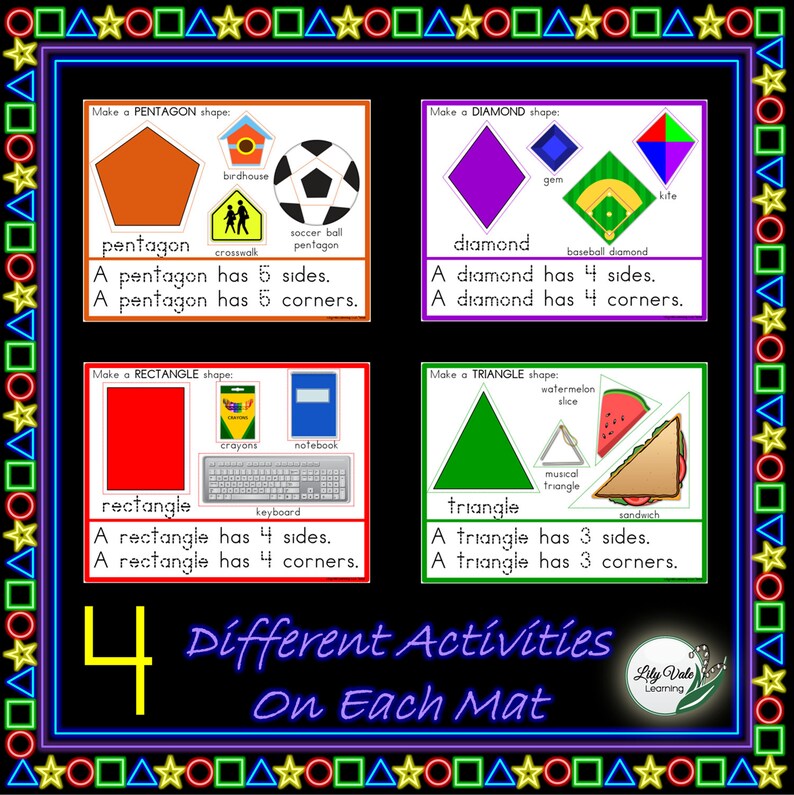 May include: Four colorful cards with different geometric shapes: a pentagon, a diamond, a rectangle, and a triangle. Each card has a title, a description, and examples of objects that represent the shape. The text on the cards reads: "Make a PENTAGON shape: pentagon, A pentagon has 5 sides, A pentagon has 5 corners." "Make a DIAMOND shape: diamond, A diamond has 4 sides, A diamond has 4 corners." "Make a RECTANGLE shape: rectangle, A rectangle has 4 sides, A rectangle has 4 corners." "Make a TRIANGLE shape: triangle, A triangle has 3 sides, A triangle has 3 corners."