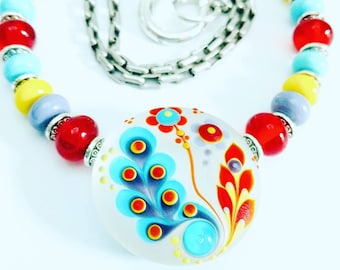 Lampwork Glass Beaded Necklace with Bright Colors, Silver Drawn Cable Chain and Paisley Clasp, Boho Pendant, Lampwork Necklace, Artisan Bead