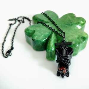 Hanging Bat Necklace, Lampwork Glass Bat Bead Necklace, Black Bat Hanging Pendant, Black Glass Bat on Chain, Halloween Bat Necklace