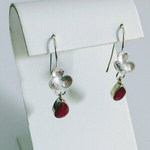 Clover Red Chalcedony and Sterling Silver Dangle Earrings, Red Stone Earrings, Pear Shaped Stone Earrings, SS Earrings, Ruby Red Jewelry