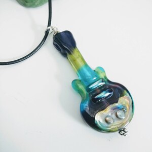 Psychedelic Lampwork Guitar Pendant, Handmade Tie Dye Glass Guitar Bead with Leather and Sterling Silver Choker Necklace, Cool Musician Bead