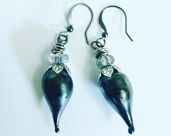 Gunmetal Gray Lampwork Headpin Earrings, Artisan Drop Earrings, Statement Earrings with Glass Beads, Silver and Gray Drop Earrings
