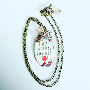 Current Mood Necklace, Funny F Bomb Necklace, Handmade Ceramic Pendant with Czech Glass Flower Beads, Antique Bronze Buttercup Long Chain