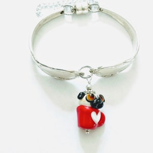 Spoon Handle Bracelet with Pug in a Mug Lampwork Bead, Recycled Silverware Bracelet, Vintage Silverplate, Pug Jewelry, Coffee and Dog